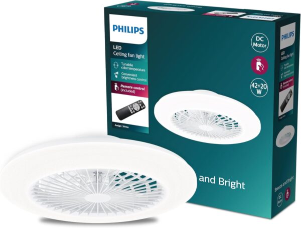 empaque-ventilador-de-techo-led-philips-amigo-blanco Caja del ventilador de techo LED Philips Amigo en color blanco junto a la unidad del ventilador de plafón con rejilla frontal.