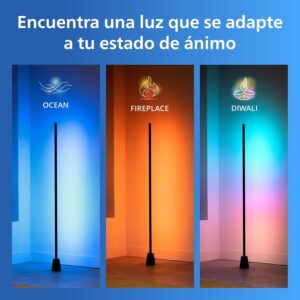 Comparativa de tres ambientes de color dinámicos proyectados por la lámpara: tonos azul Ocean, naranja Fireplace y multicolor Diwali.