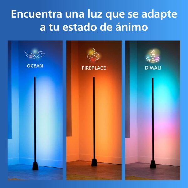 Comparativa de tres ambientes de color dinámicos proyectados por la lámpara: tonos azul Ocean, naranja Fireplace y multicolor Diwali.