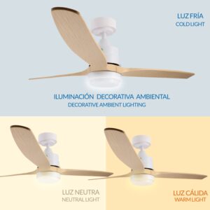 Comparativa del ventilador White Sara en luz fría, luz neutra y luz cálida.