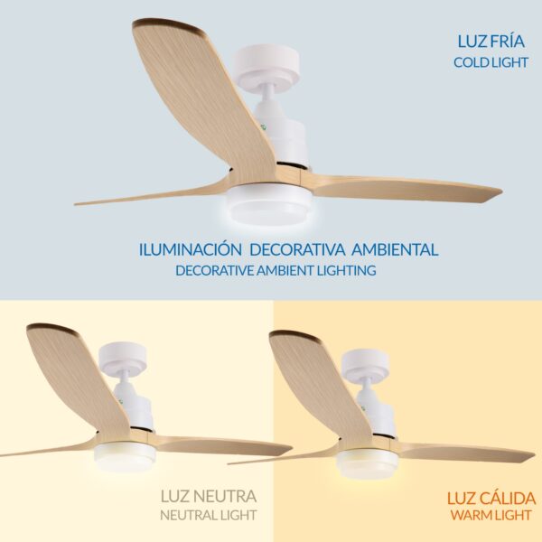 Comparativa del ventilador White Sara en luz fría, luz neutra y luz cálida.