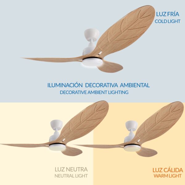 Comparativa del ventilador White Aras encendido con luz fría, luz neutra y luz cálida.