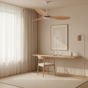Ventilador de techo White Aras con palas de madera en forma de hoja instalado en una habitación de diseño neutro sobre un escritorio.