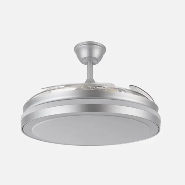 Ventilador de techo LED Esparta Maxi níquel con aspas retráctiles plegadas actuando como plafón de techo.
